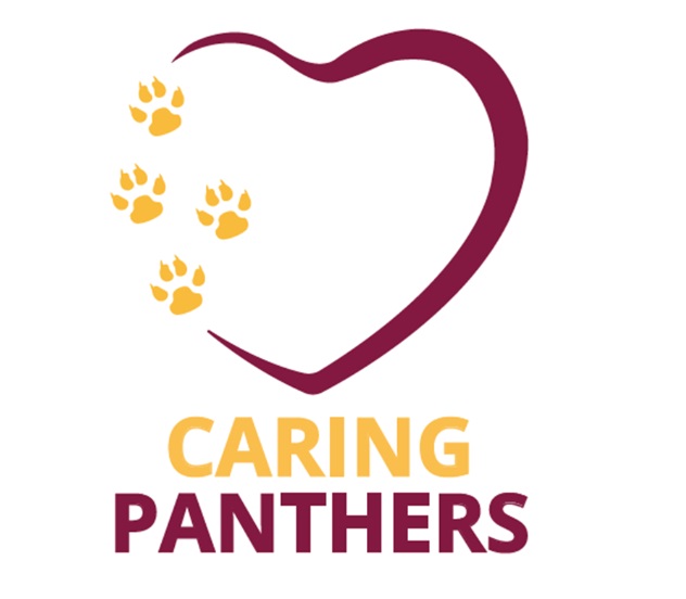 Heart with paw prints and words Caring Panthers at the bottom of the image