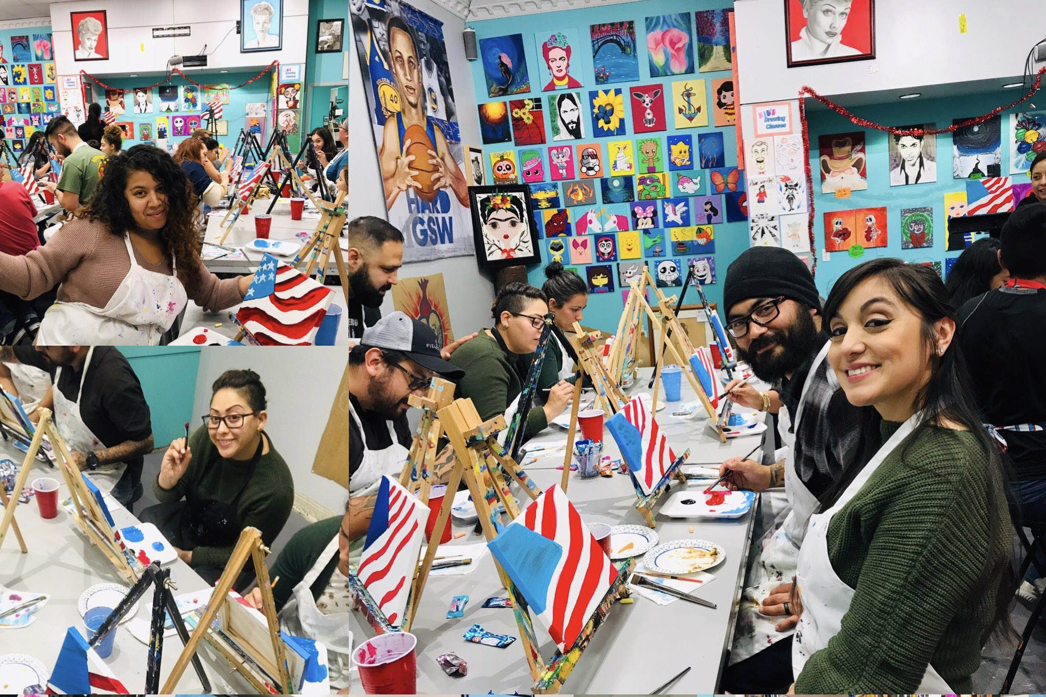 People painting American flag–themed canvases at a lively art workshop surrounded by colorful wall art.