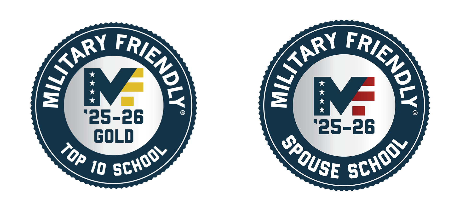 Two Military Friendly School badges for 2025–2026. The left badge reads ‘Military Friendly Top 10 School 25–26 Gold’ with a gold and navy ‘MF’ logo. The right badge reads ‘Military Friendly Spouse School 25–26’ with a red, white, and blue ‘MF’ logo. Both have circular navy borders with white text.